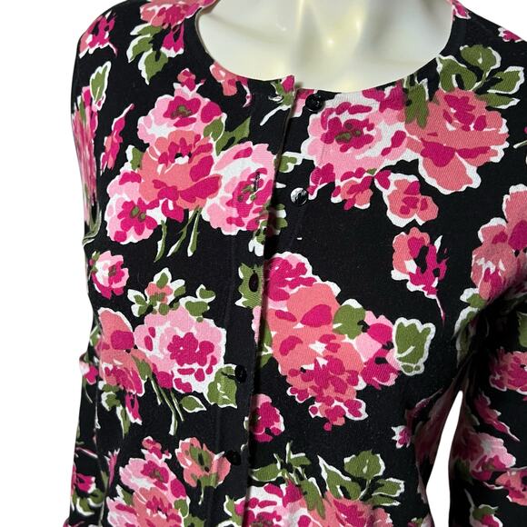 August Silk Heritage Floral Cardigan Black Pink Rose Sweater Knit Button Up - Picture 7 of 7
